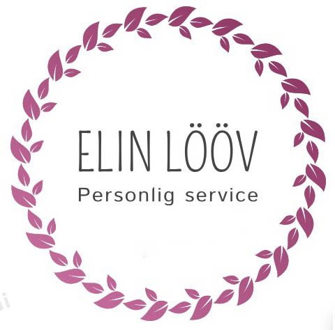 Cirkel av rödvioletta blad med texten ELIN LÖÖV Personlig service på vit bakgrund.