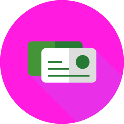 Två överlappande kort med textlinjer och cirkel på rund, rosa bakgrund.