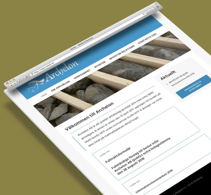 Webbsida för Archeon AB med navigationsmeny, information och nedladdningsbara dokument.