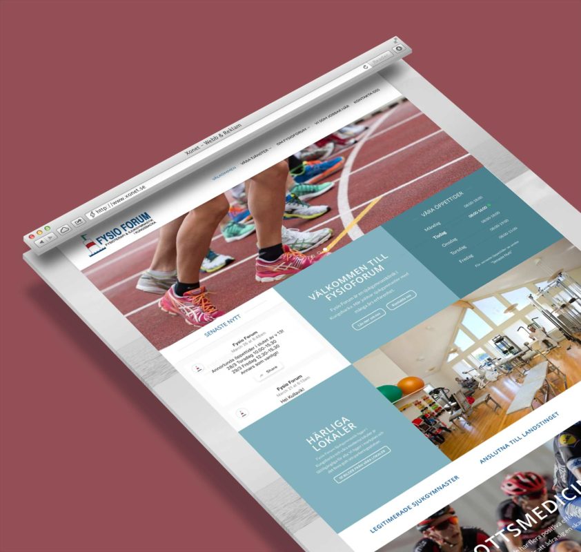 Webbplats för Fysio Forum med information om öppettider, lokaler och fysioterapitjänster.