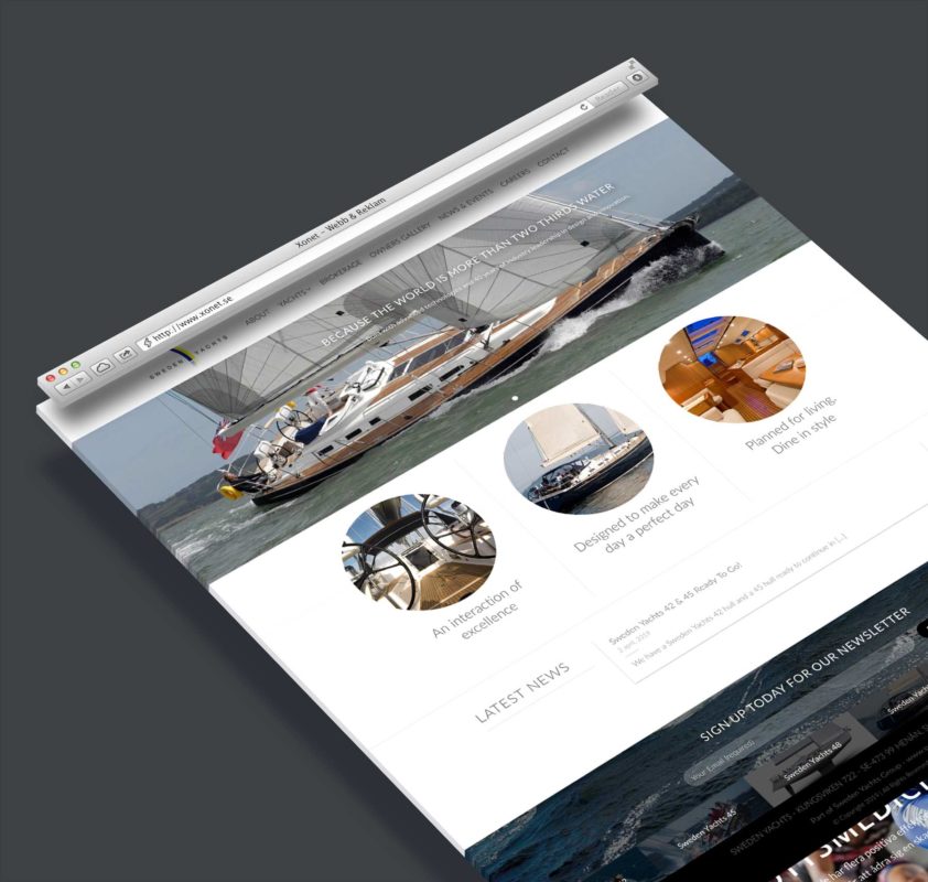 Webbplats för Sweden Yachts med segelbåt, design, interiör och navigationsmenyer.