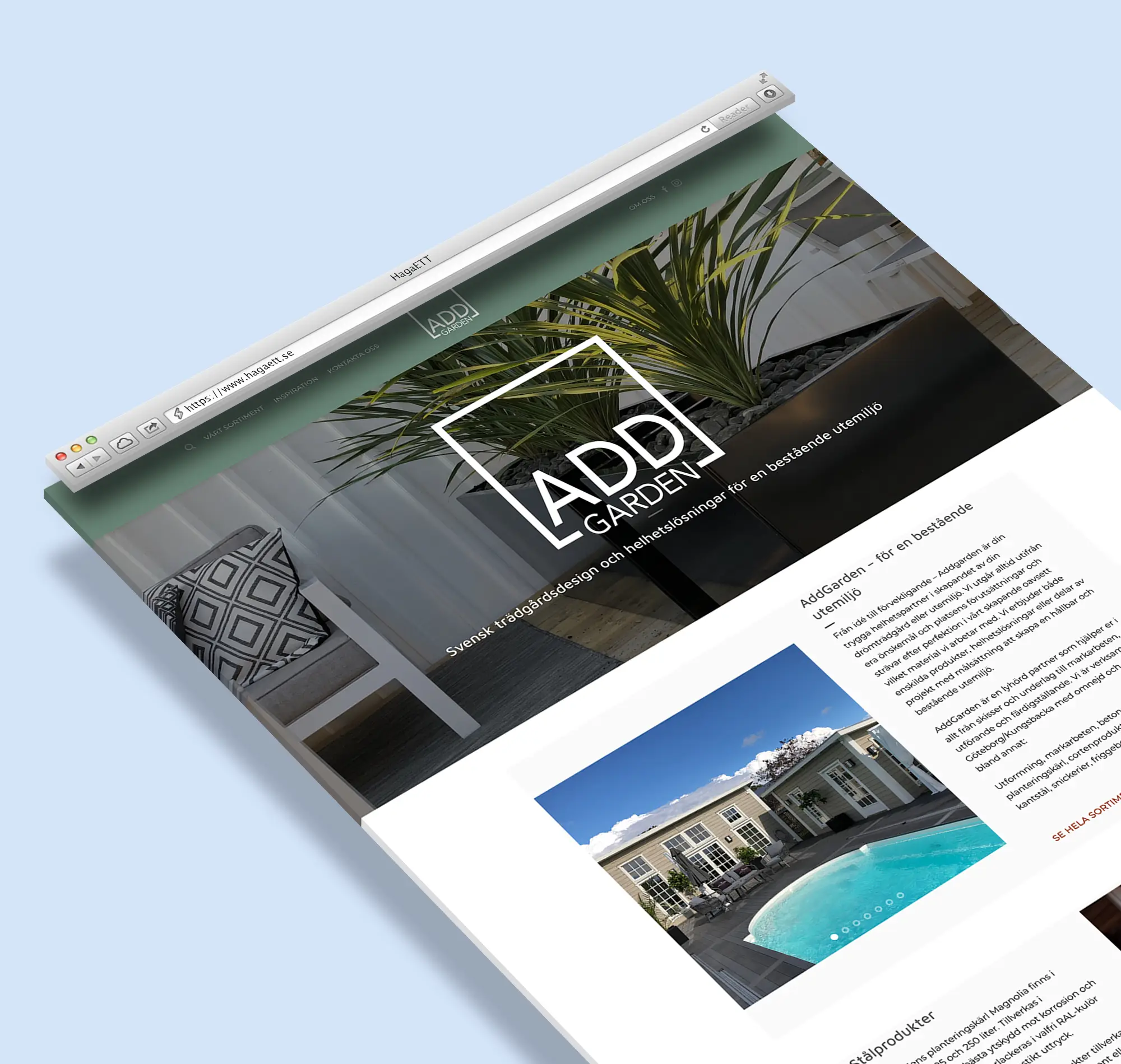 Webbplats för AddGarden med trädgårdsdesign, bild på poolområde och planterad stol.